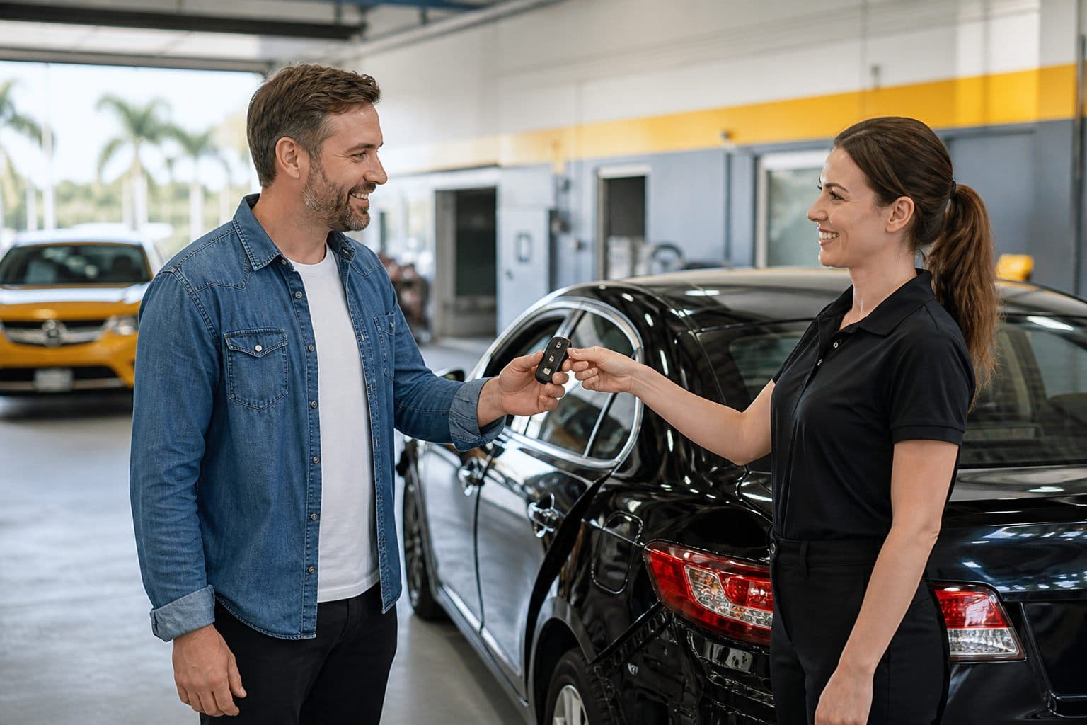 Speedeezz Auto Finish customer receiving keys after collision repair in Fort Myers