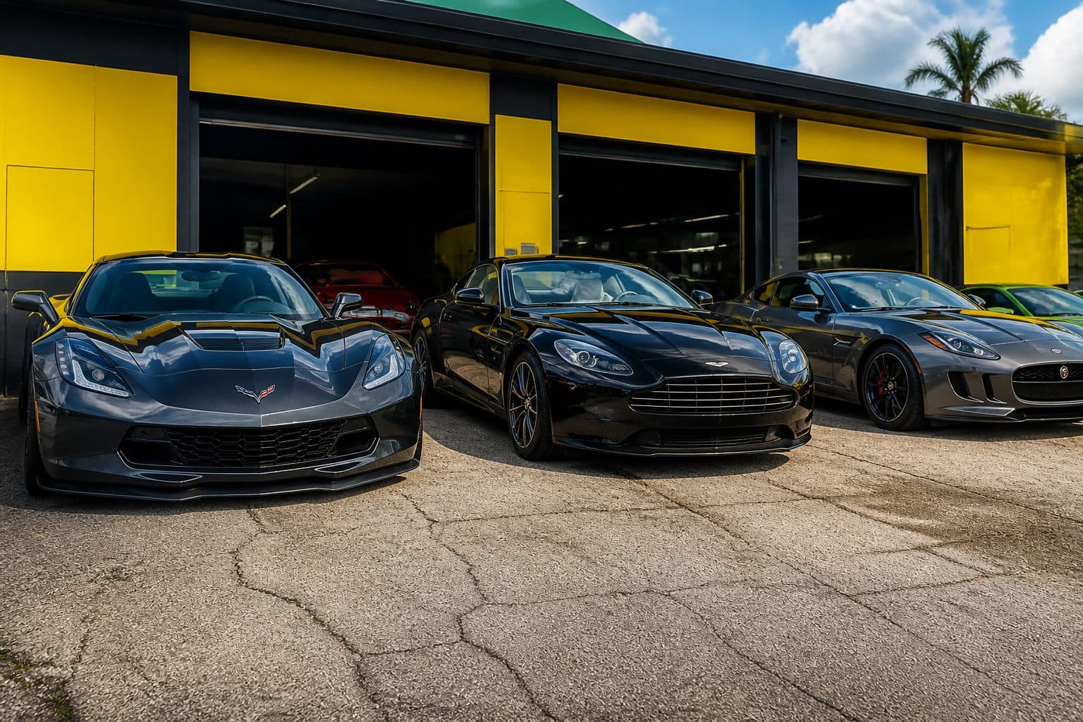 Speedeezz Auto Finish — Corvette, Aston Martin, and exotic cars outside our Fort Myers body shop